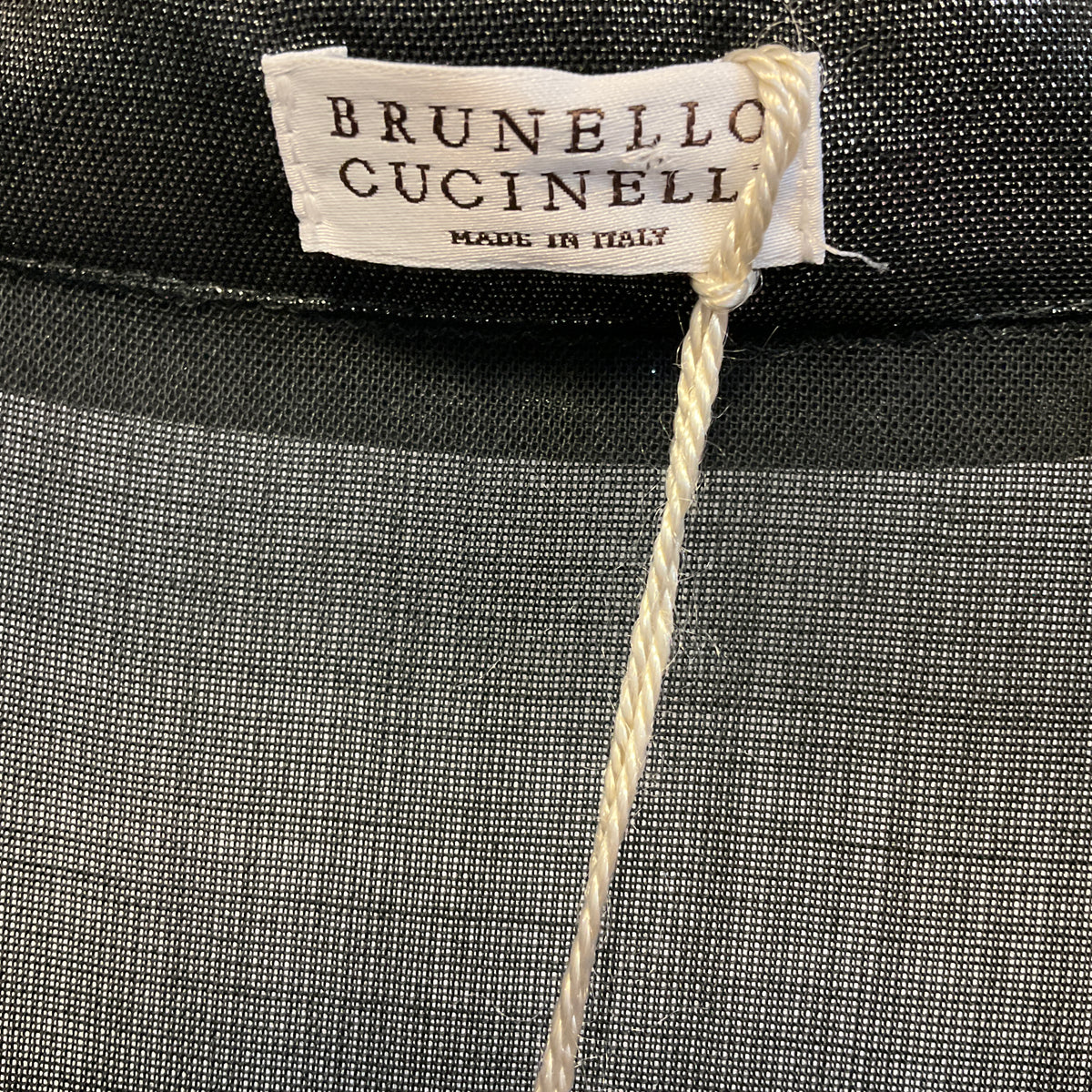 Brunello Cucinelli Black Stone Metallic Lame Wool Gauze Wrap Midi Shirt Dress