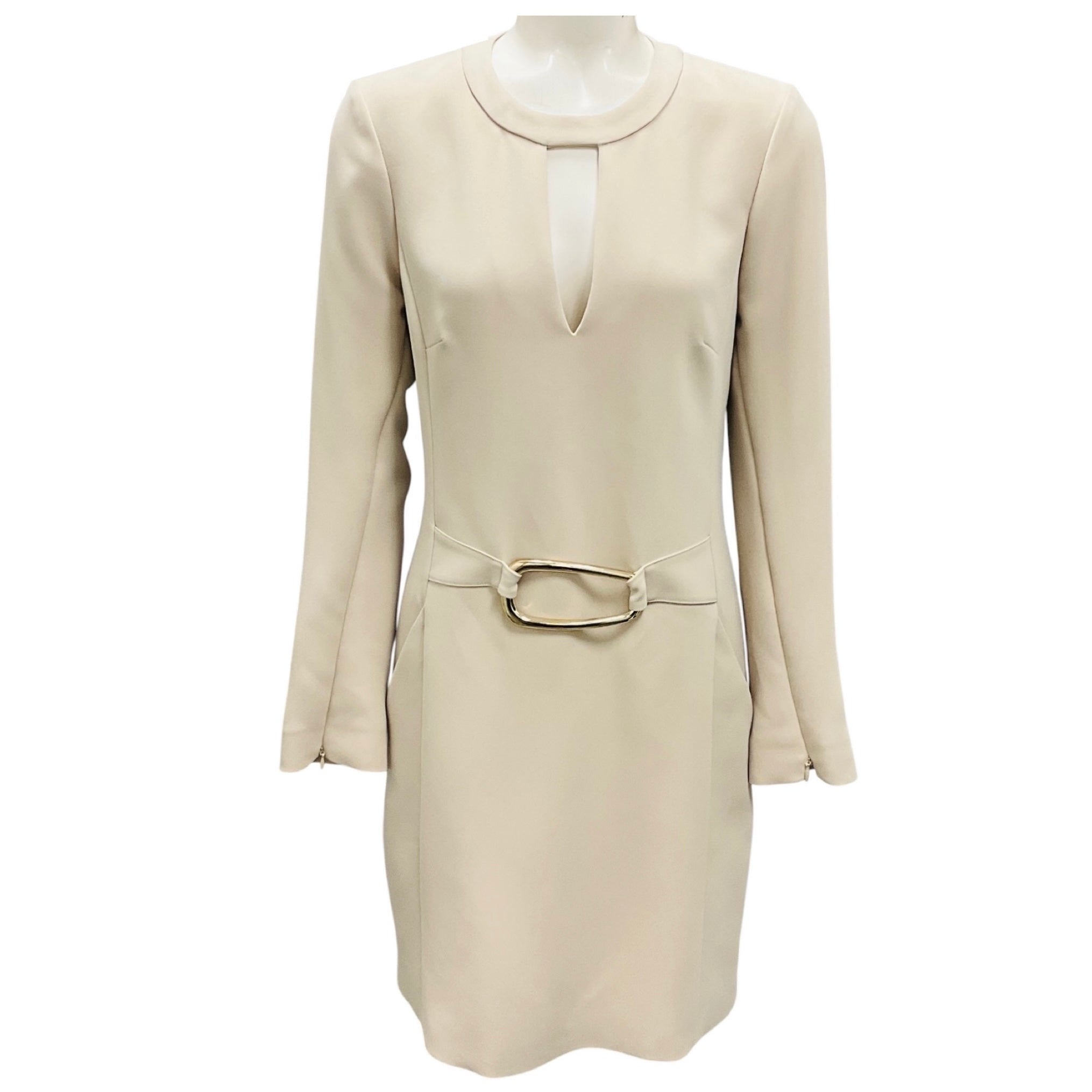 Barbara Bui Light Beige Buckle Adorned Dress with Slit Sleeves