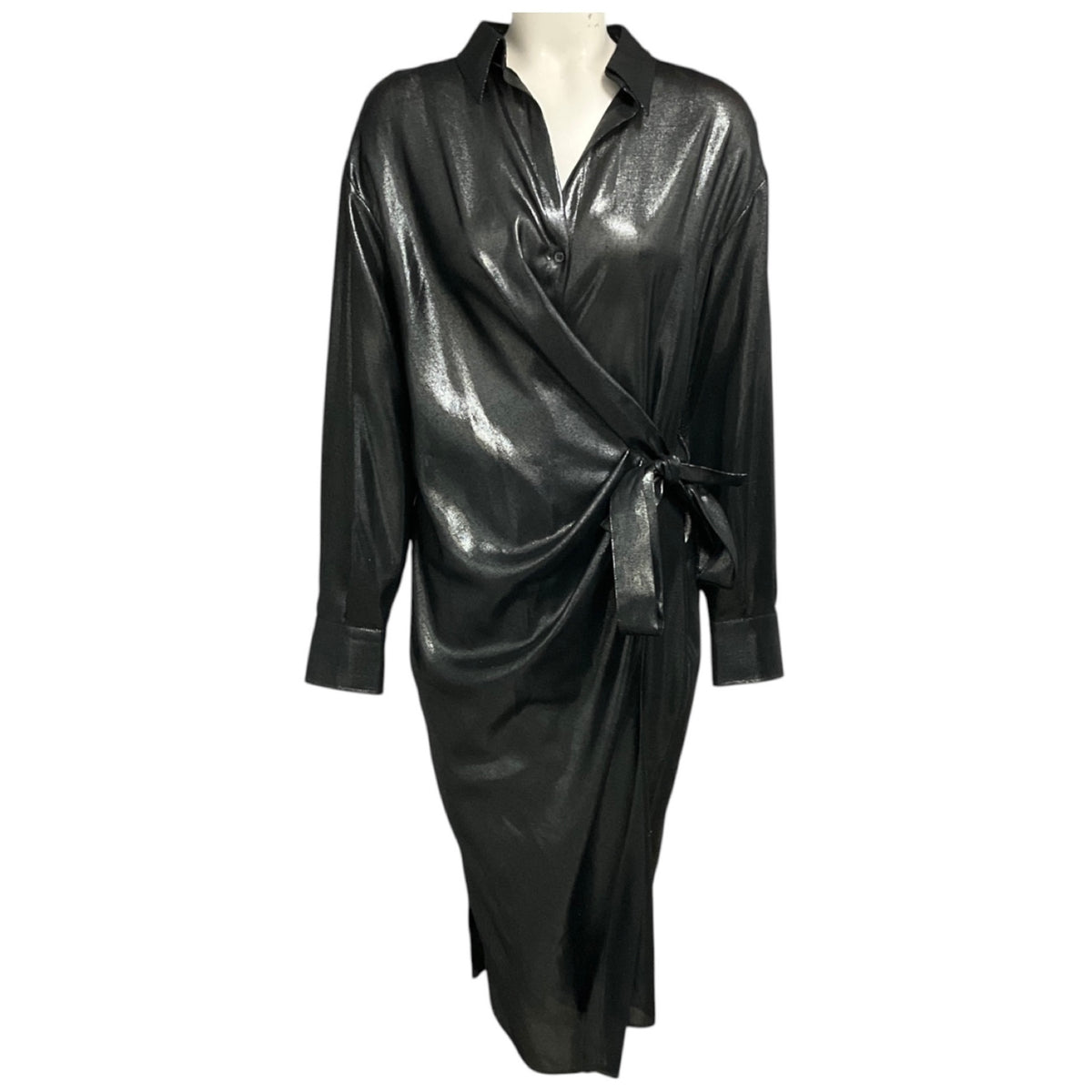Brunello Cucinelli Black Stone Metallic Lame Wool Gauze Wrap Midi Shirt Dress