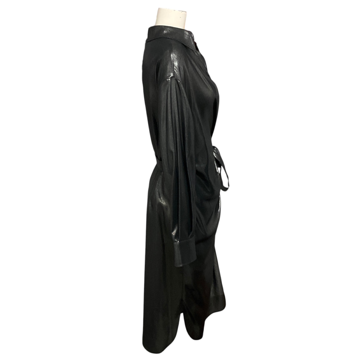 Brunello Cucinelli Black Stone Metallic Lame Wool Gauze Wrap Midi Shirt Dress
