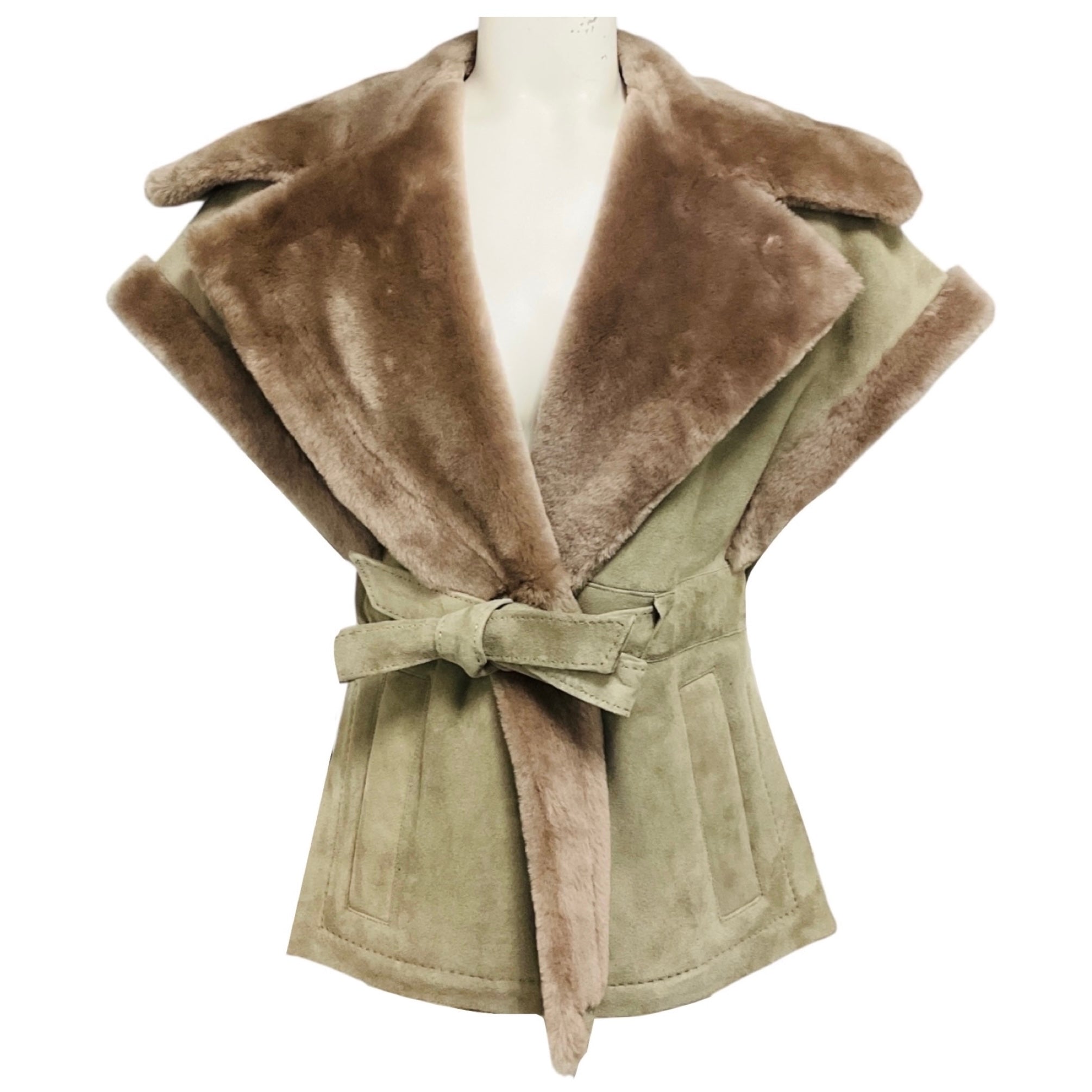 Fleurette Taupe Suede and Shearling Vest with Belt