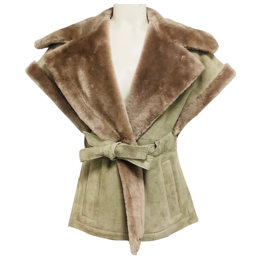 Fleurette Taupe Suede and Shearling Vest with Belt