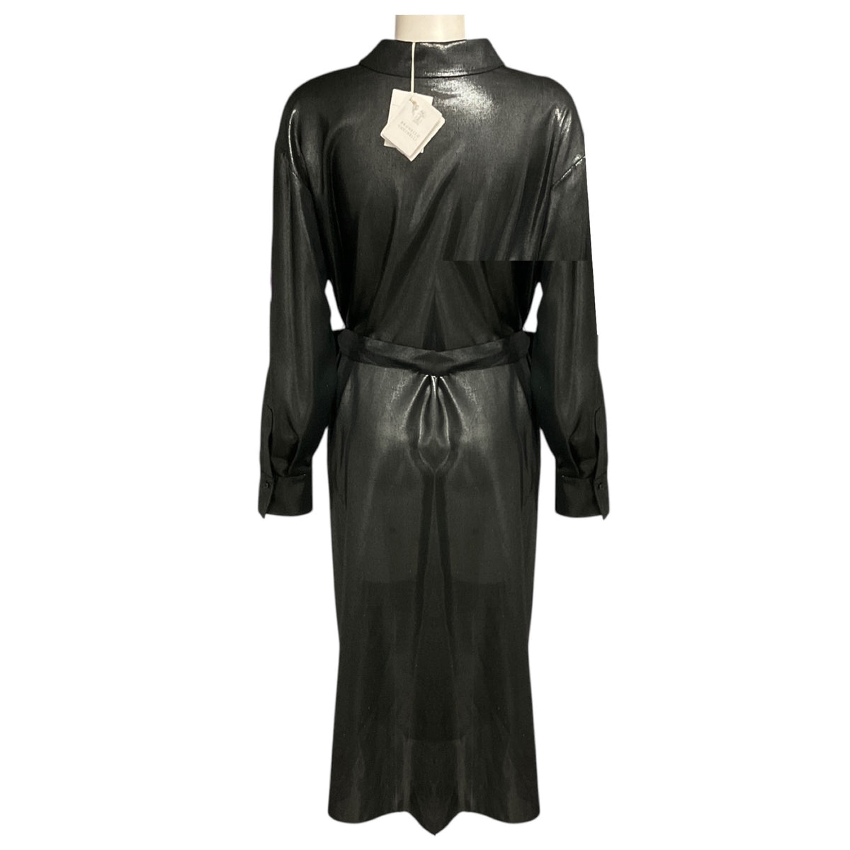 Brunello Cucinelli Black Stone Metallic Lame Wool Gauze Wrap Midi Shirt Dress