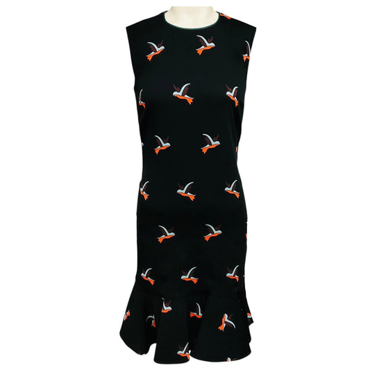Victoria Beckham Black Multi Bird Print Ruffled Hem Sleeveless Crepe Dress