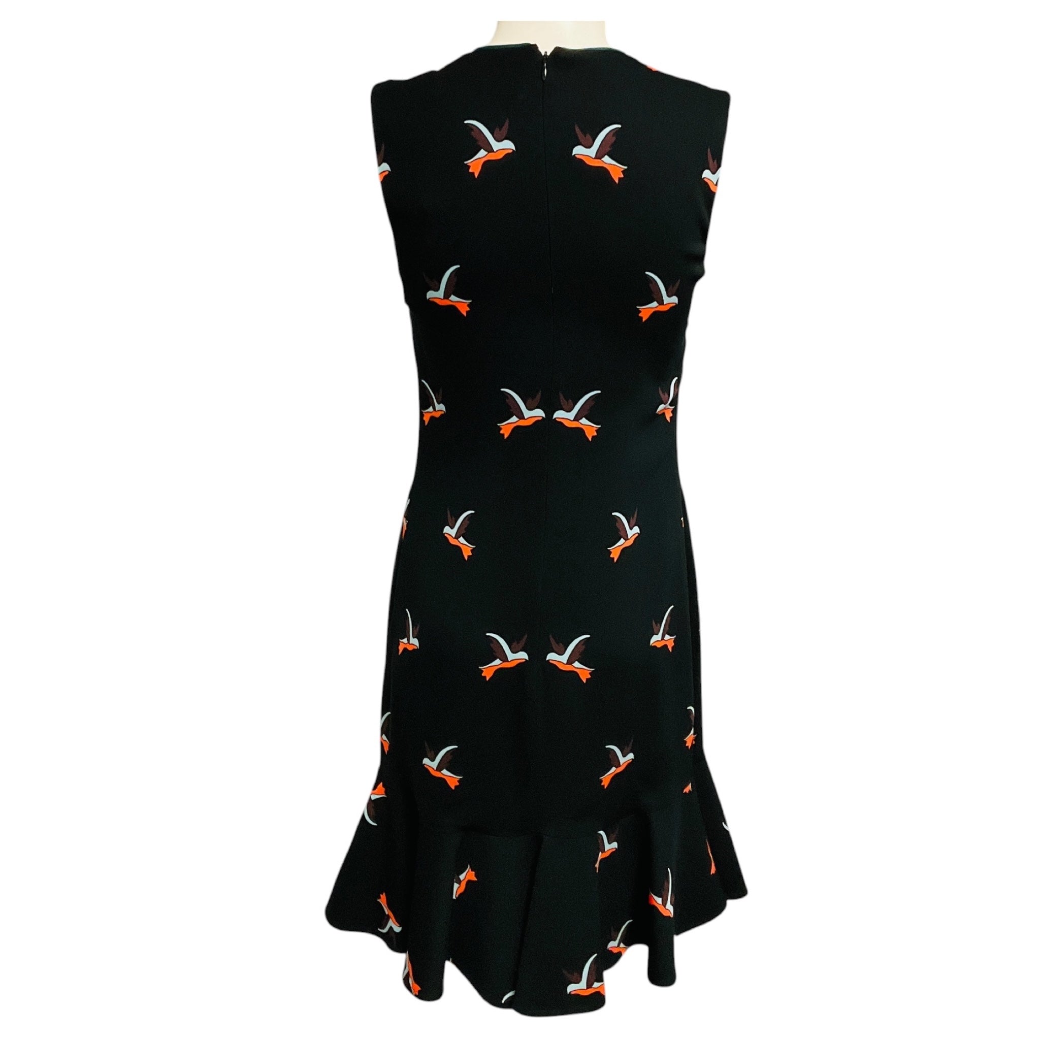 Victoria Beckham Black Multi Bird Print Ruffled Hem Sleeveless Crepe Dress