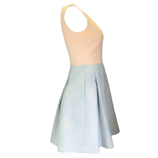 Paule Ka Light Pink / Light Blue Embroidered Pleated Sleeveless V-Neck Cotton Dress