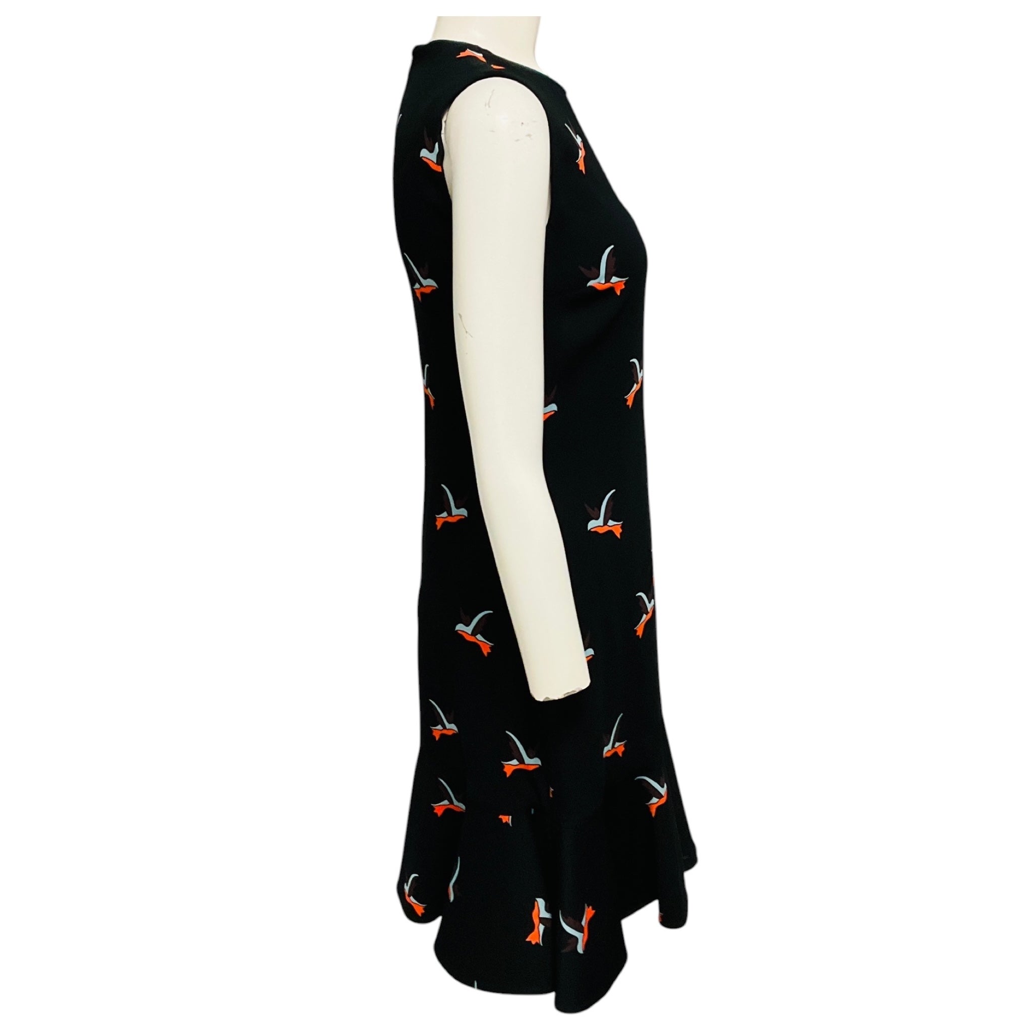 Victoria Beckham Black Multi Bird Print Ruffled Hem Sleeveless Crepe Dress