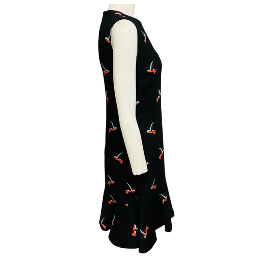 Victoria Beckham Black Multi Bird Print Ruffled Hem Sleeveless Crepe Dress