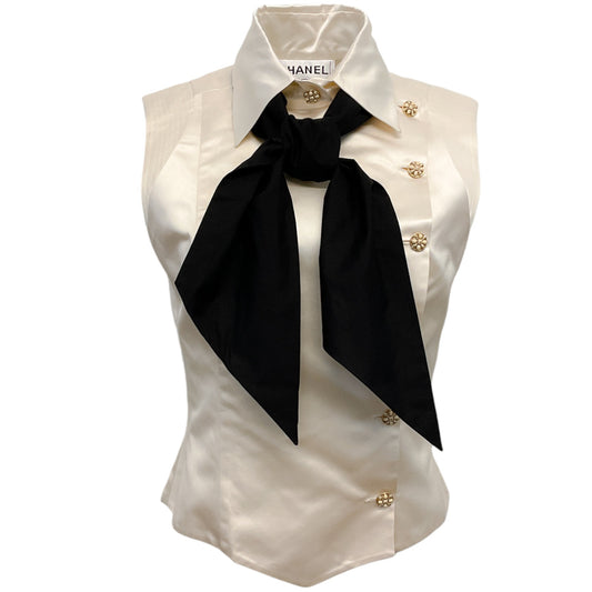 Chanel Ivory Silk Sleeveless Blouse with Black Tie Neck
