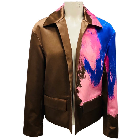 Dries Van Noten Brown / Pink / Blue Brush Strokes Quilted Satin Jacket