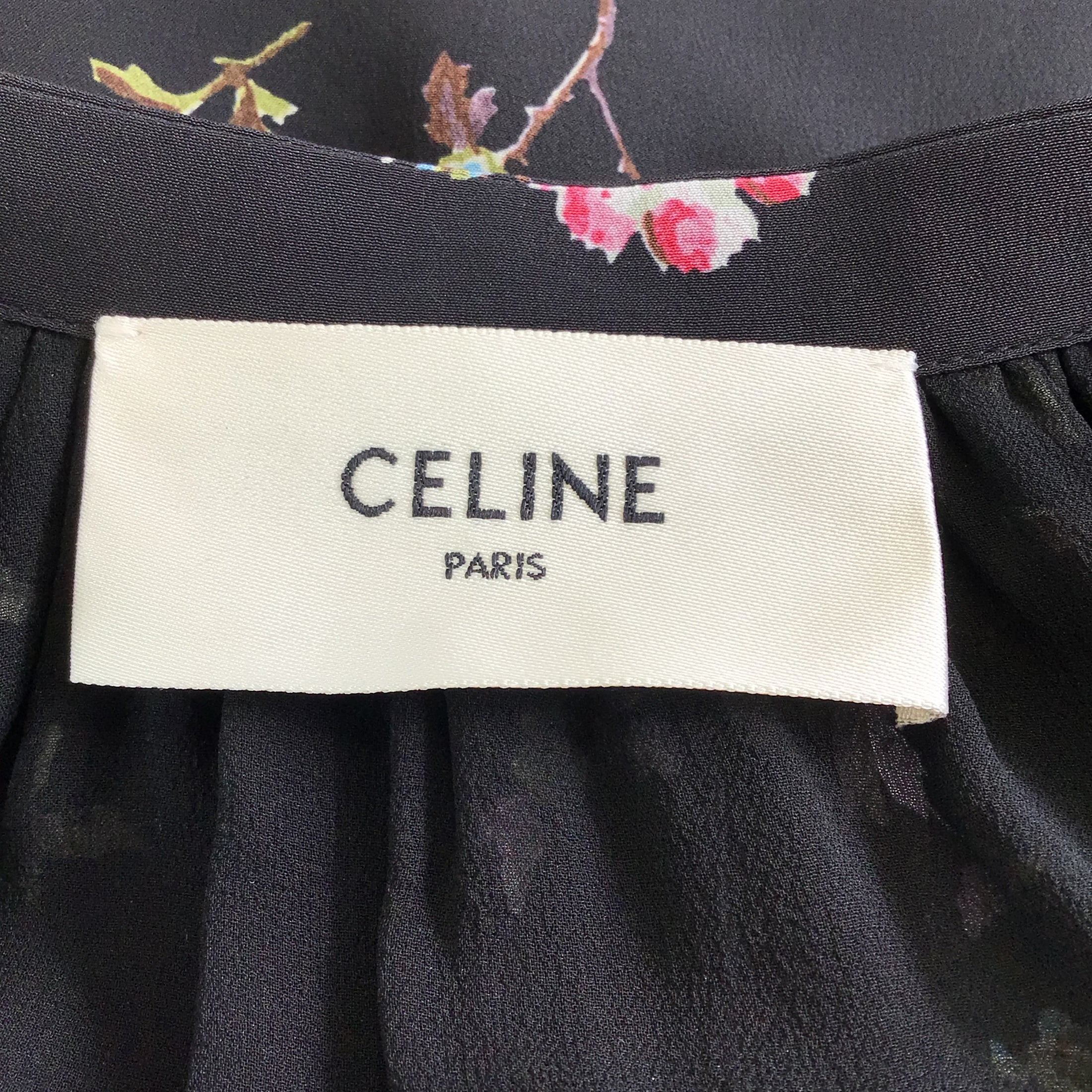 Celine Black Multi Floral Printed Long Sleeved Silk Midi Dress