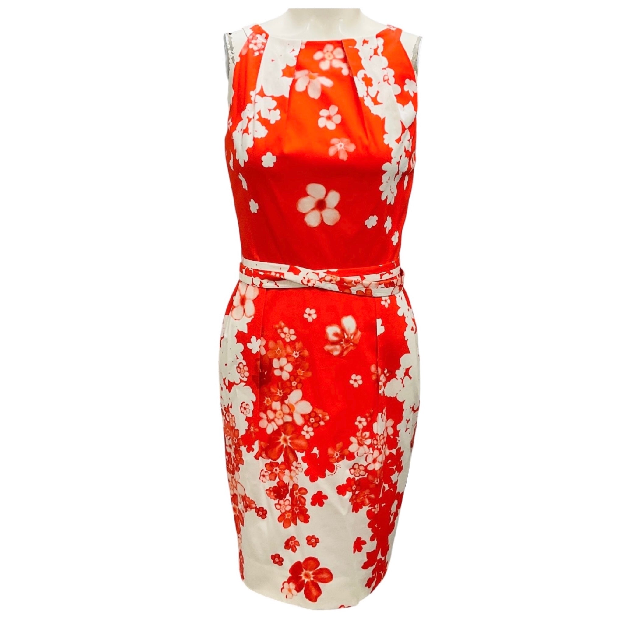 Versace Orange / White Floral Printed Sleeveless Cotton Dress with Belt