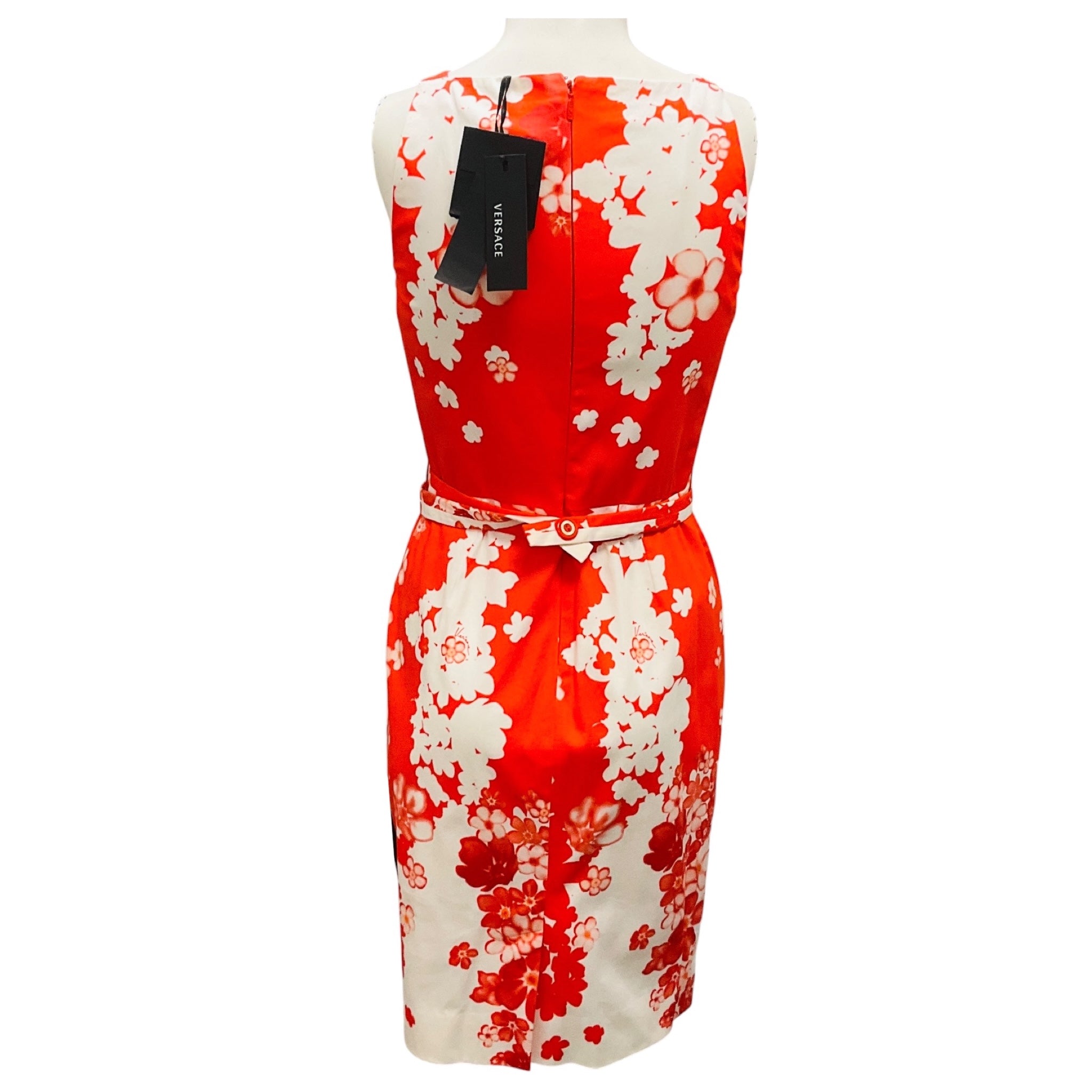 Versace Orange / White Floral Printed Sleeveless Cotton Dress with Belt
