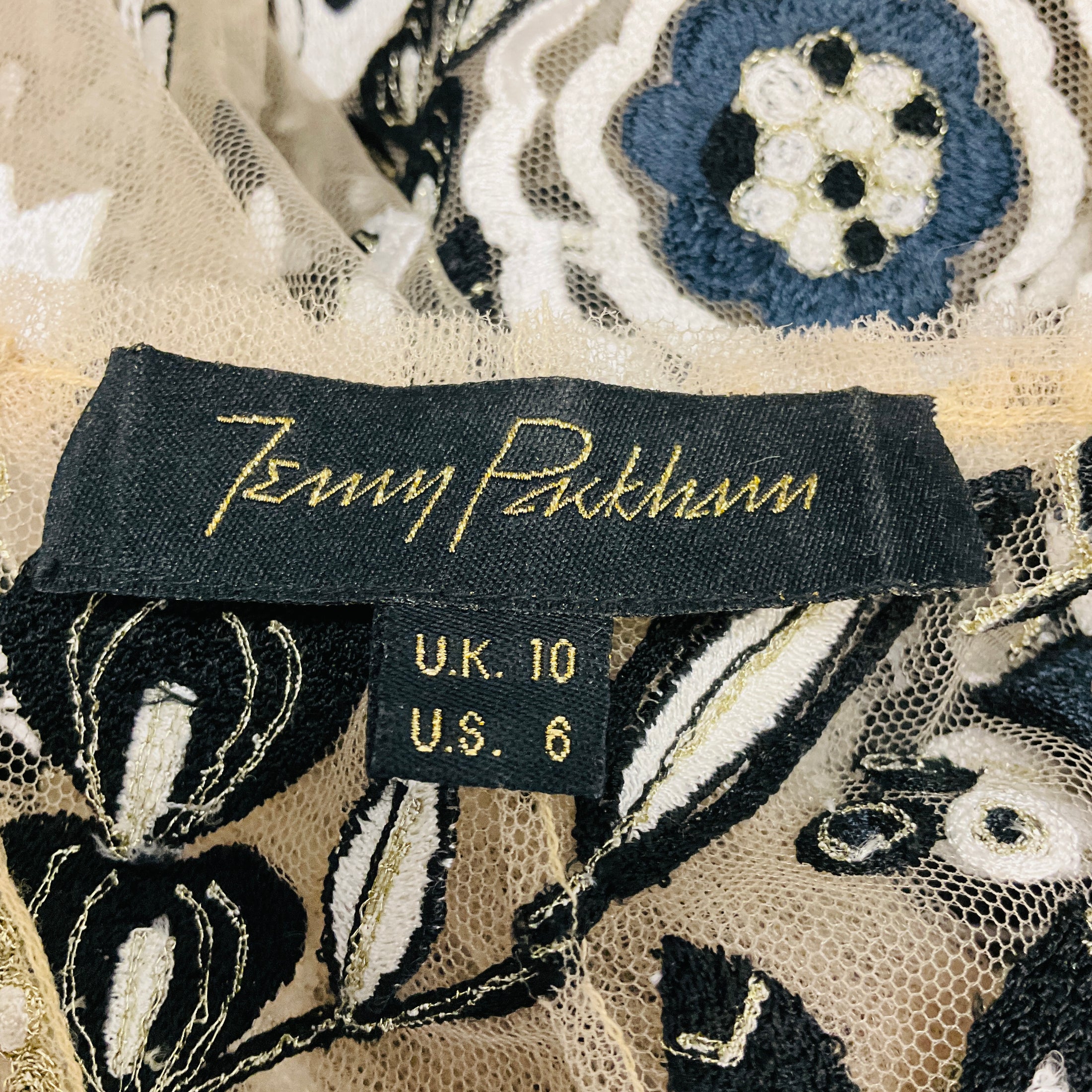 Jenny Packham Nude / Black / White Floral Embroidered Mesh Tulle Top