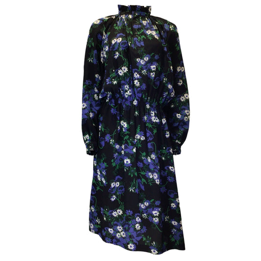 Plan C Black / Blue / Green Multi Floral Printed Long Sleeved Silk Midi Dress