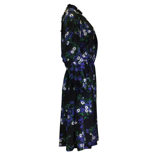 Plan C Black / Blue / Green Multi Floral Printed Long Sleeved Silk Midi Dress