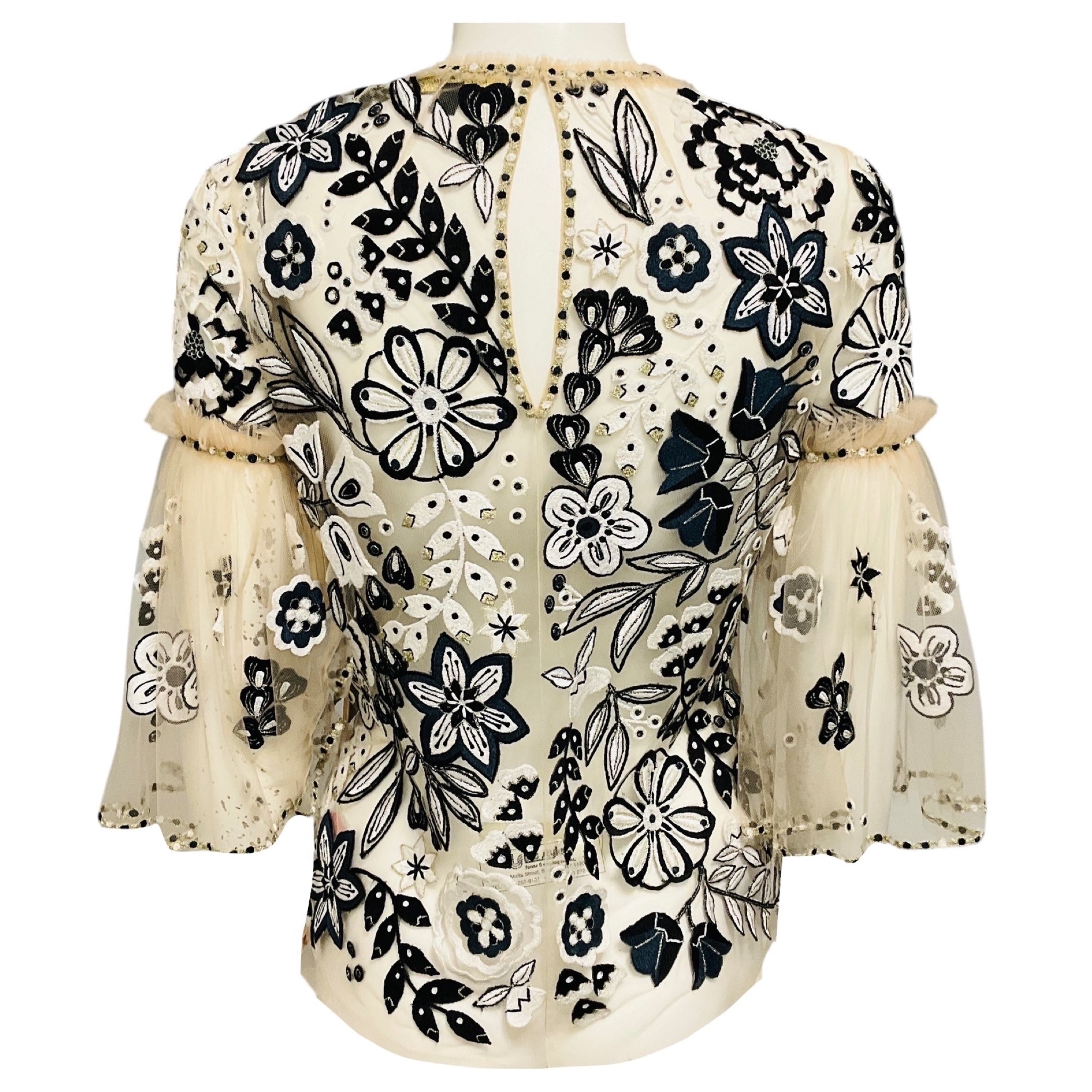 Jenny Packham Nude / Black / White Floral Embroidered Mesh Tulle Top