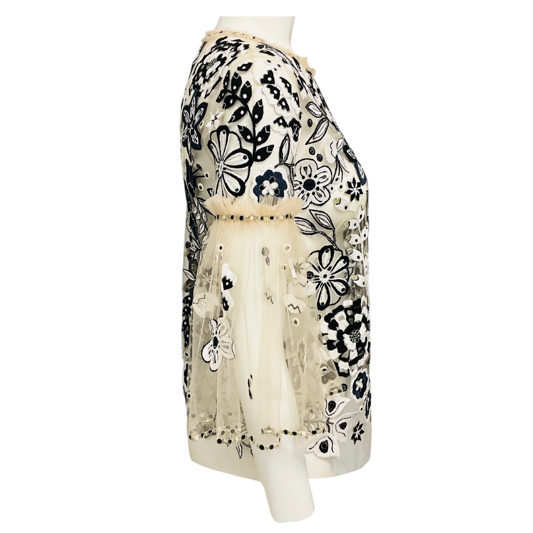 Jenny Packham Nude / Black / White Floral Embroidered Mesh Tulle Top