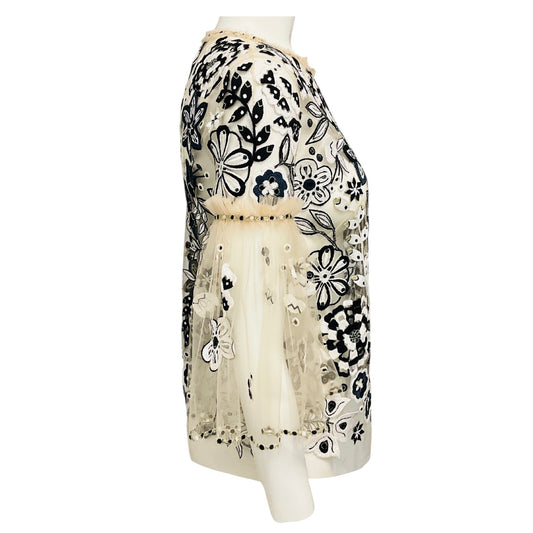 Jenny Packham Nude / Black / White Floral Embroidered Mesh Tulle Top