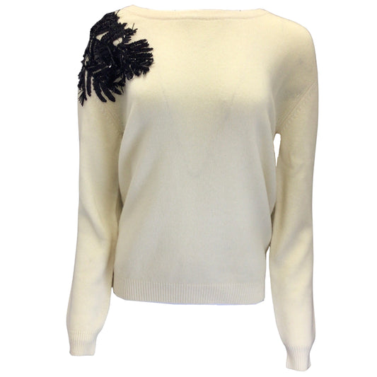 Prabal Gurung Ivory / Black Sequin Embellished Long Sleeved Cashmere Knit Pullover Sweater
