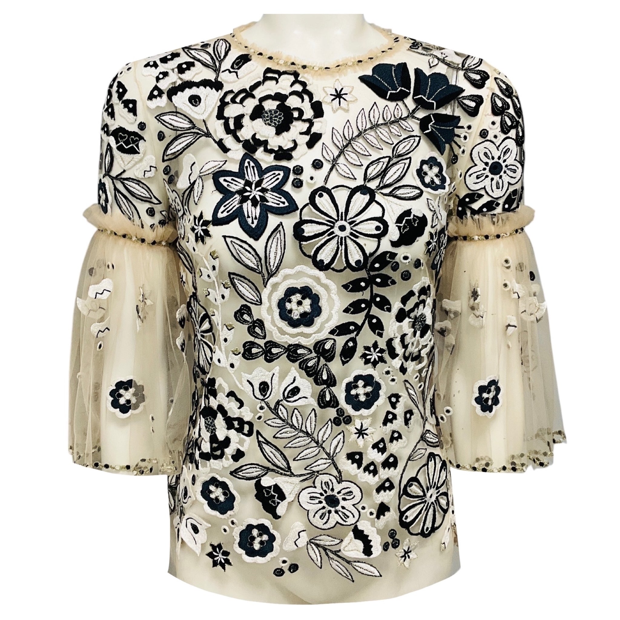 Jenny Packham Nude / Black / White Floral Embroidered Mesh Tulle Top