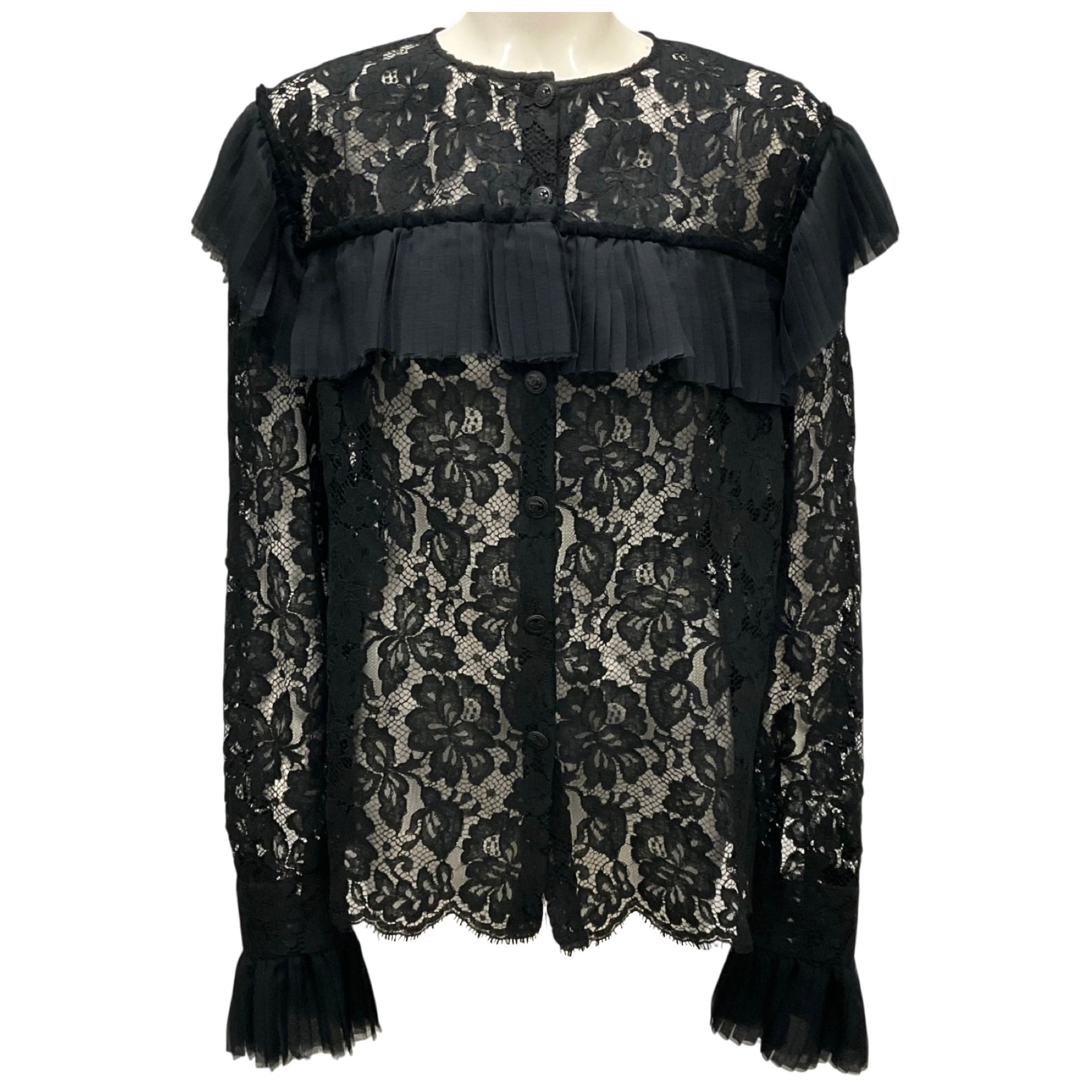 Chanel Black Pleated Detail Long Sleeved Lace Blouse