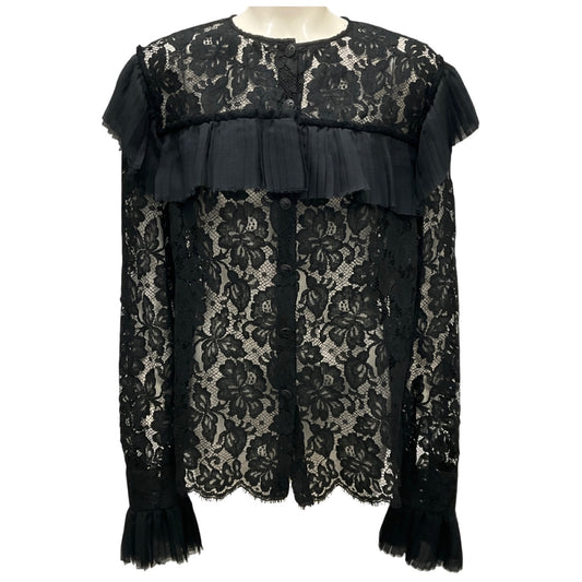 Chanel Black Pleated Detail Long Sleeved Lace Blouse