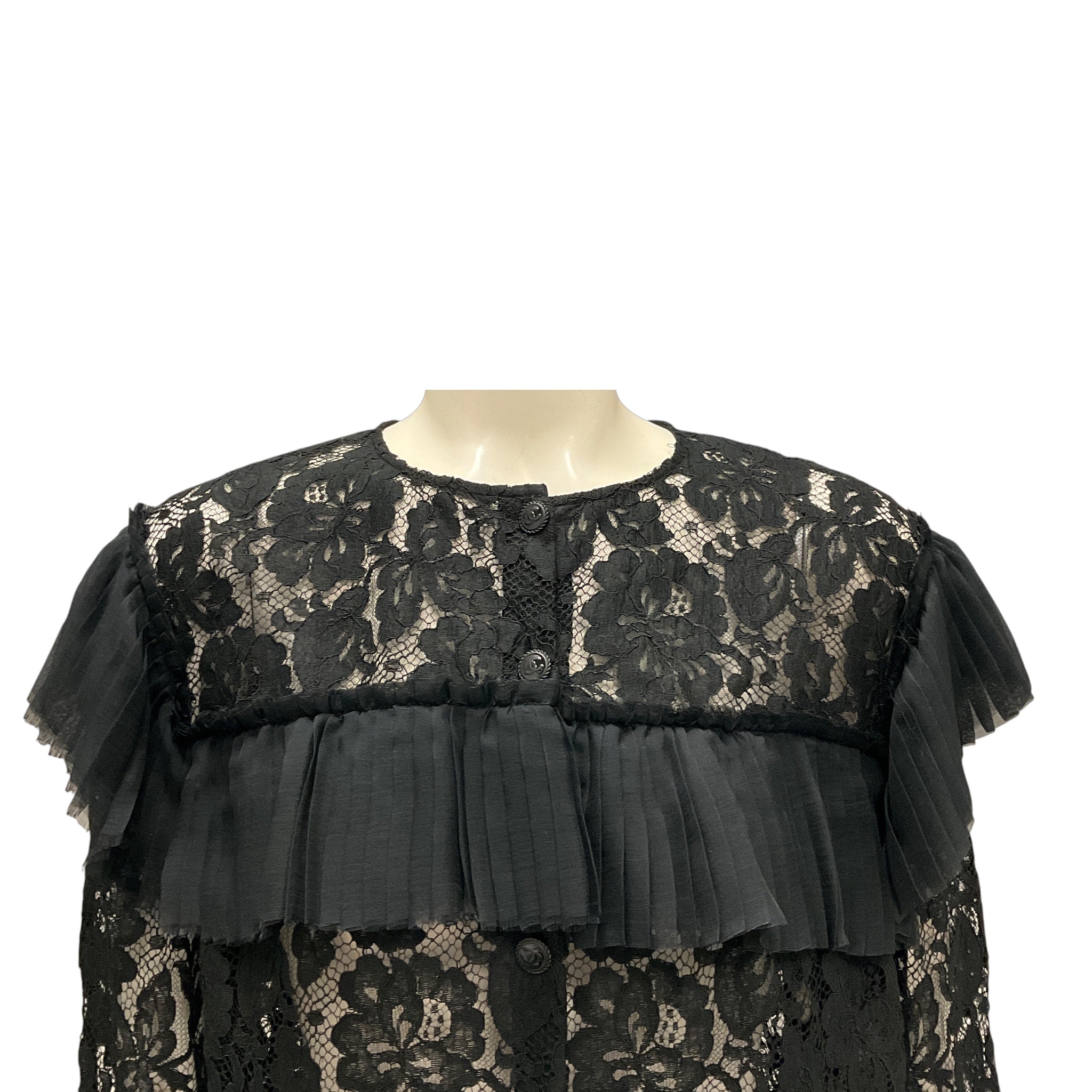 Chanel Black Pleated Detail Long Sleeved Lace Blouse