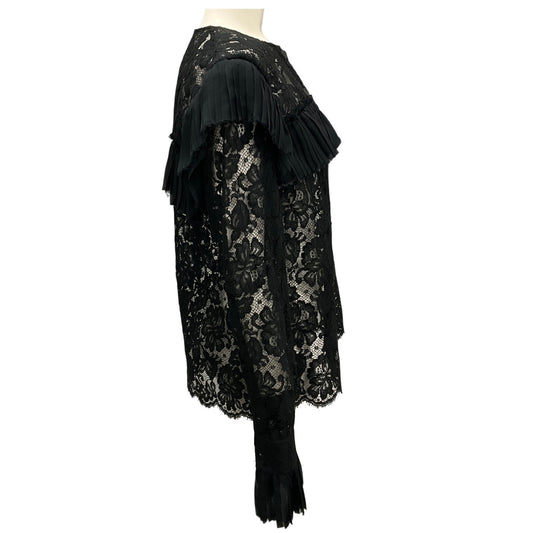 Chanel Black Pleated Detail Long Sleeved Lace Blouse