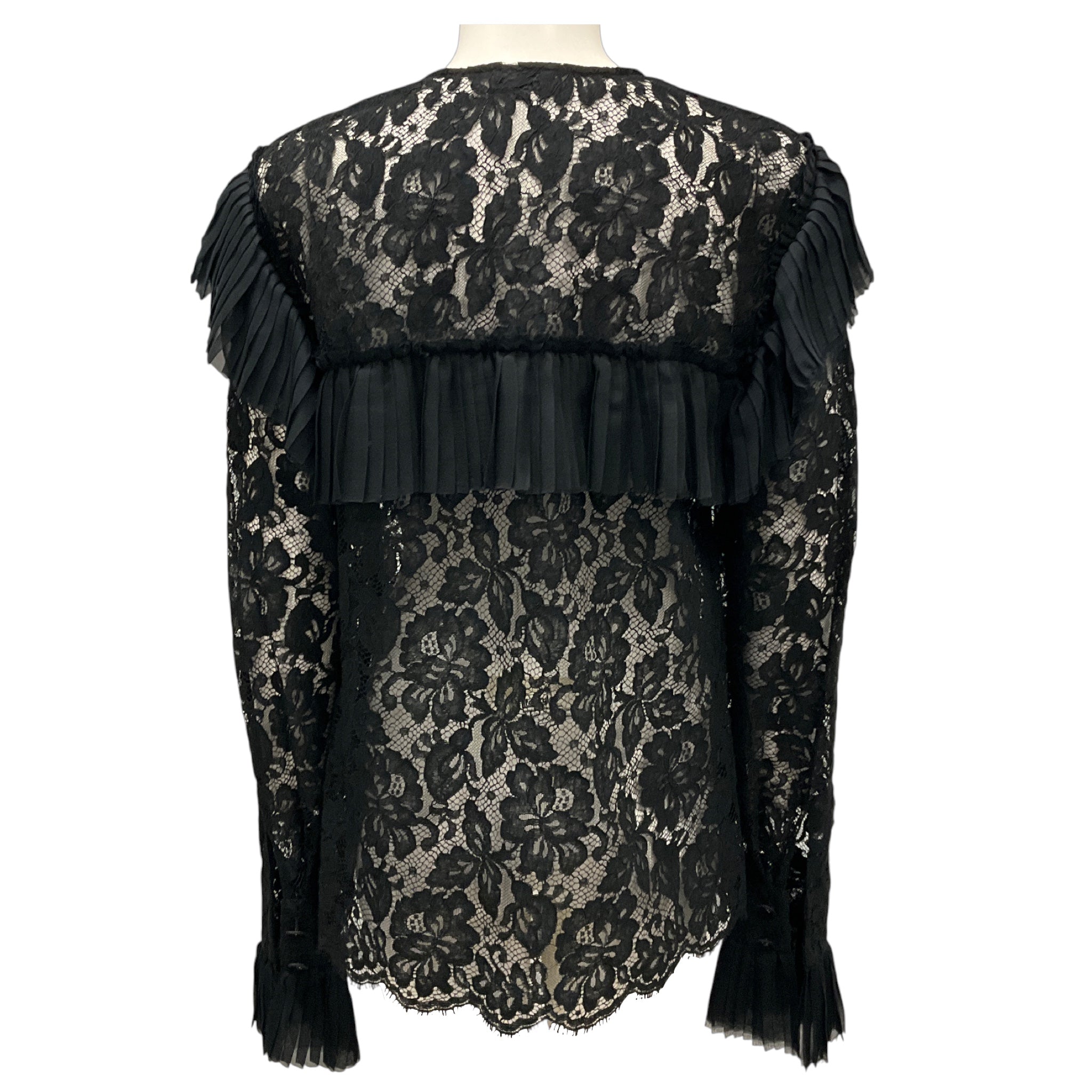 Chanel Black Pleated Detail Long Sleeved Lace Blouse