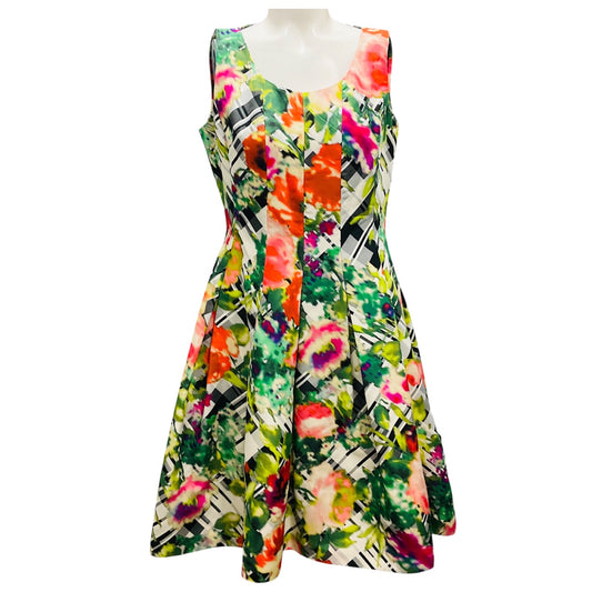 Oscar de la Renta Green Multi Floral Silk Taffeta Scoop Neck Fitted Bodice A-Line Dress