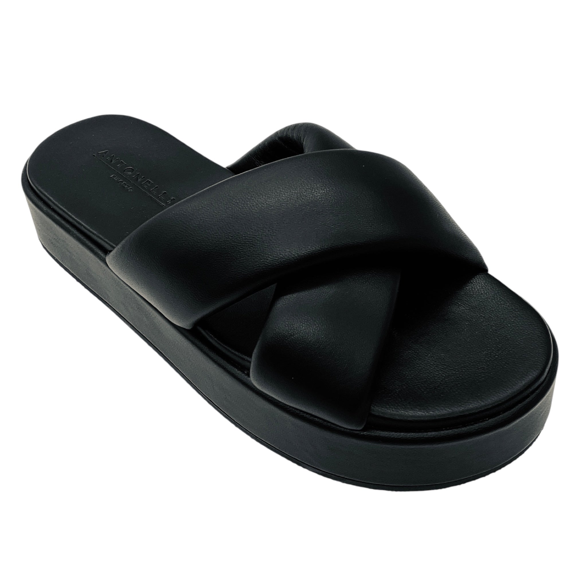 Antonelli Firenze Black Lambskin Leather Cross Strap Platform Slide Sandals