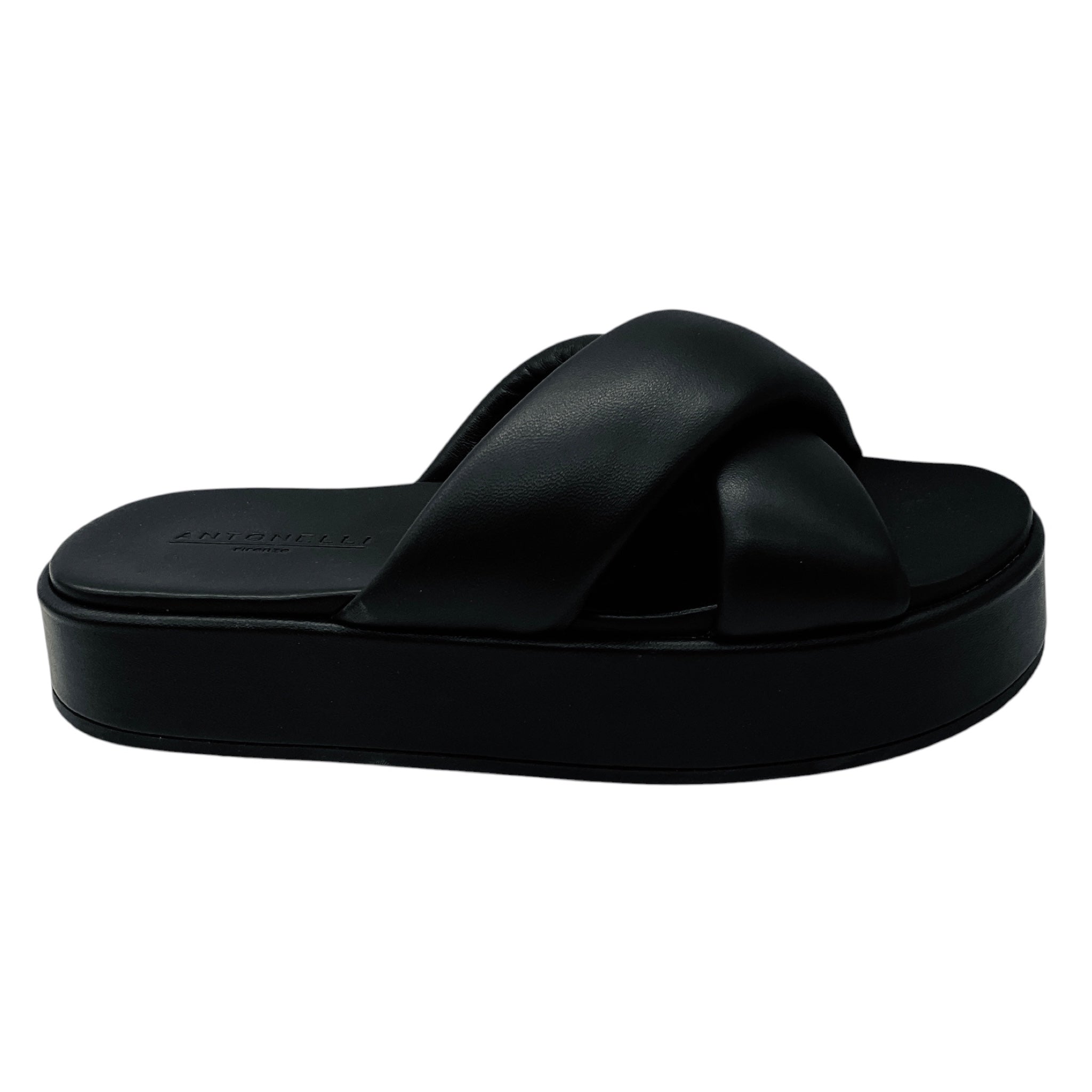 Antonelli Firenze Black Lambskin Leather Cross Strap Platform Slide Sandals