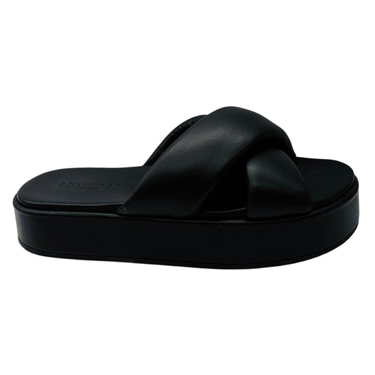 Antonelli Firenze Black Lambskin Leather Cross Strap Platform Slide Sandals
