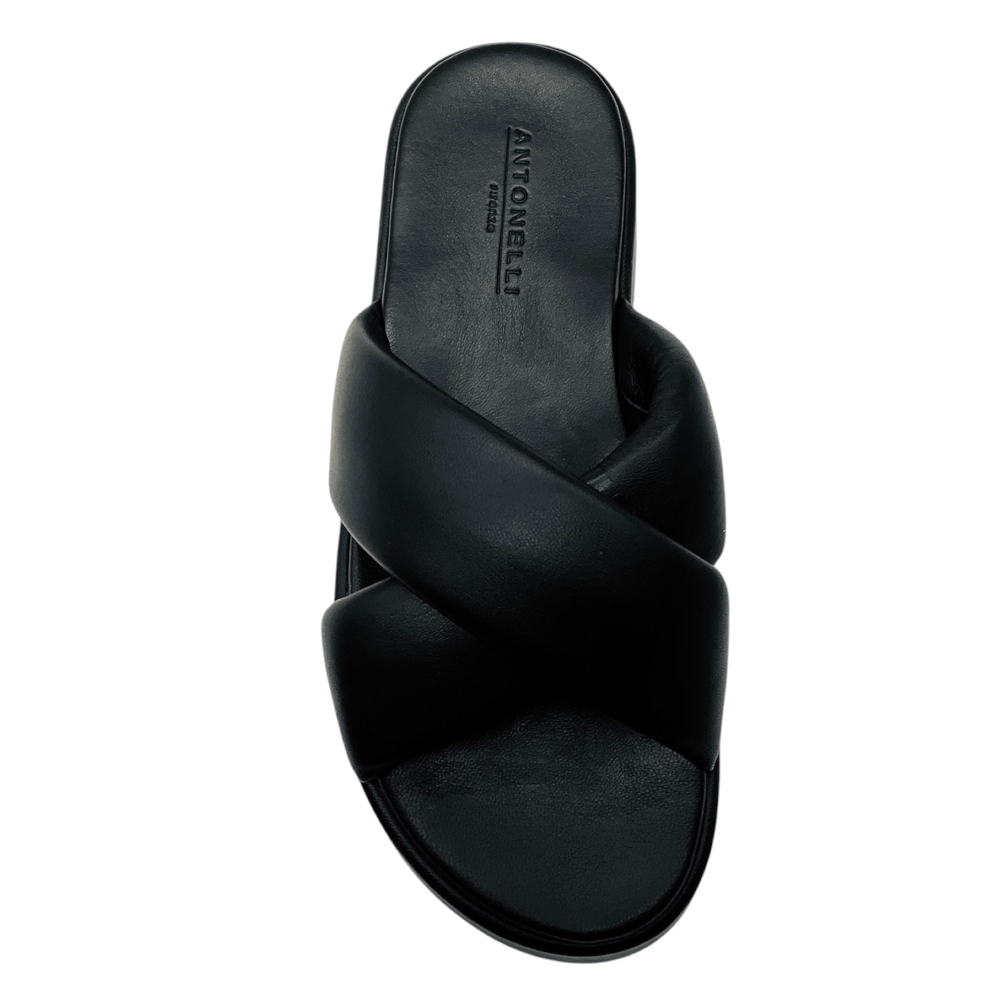 Antonelli Firenze Black Lambskin Leather Cross Strap Platform Slide Sandals