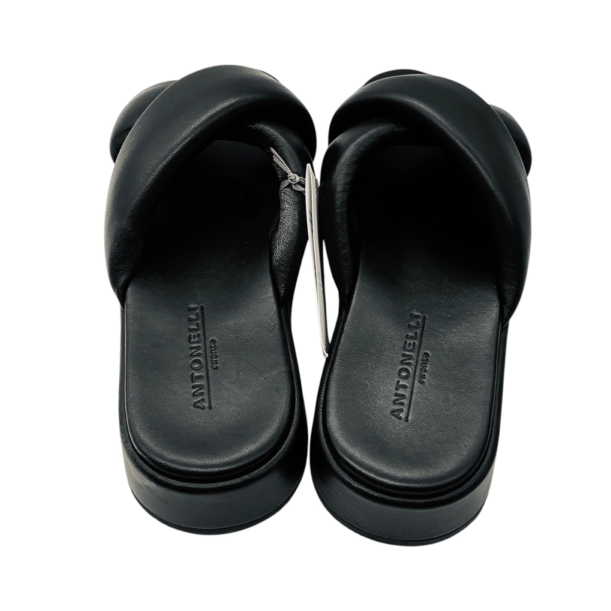 Antonelli Firenze Black Lambskin Leather Cross Strap Platform Slide Sandals