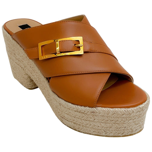 Sergio Rossi Tan Leather Criss Cross Wedge Espadrille Sandals
