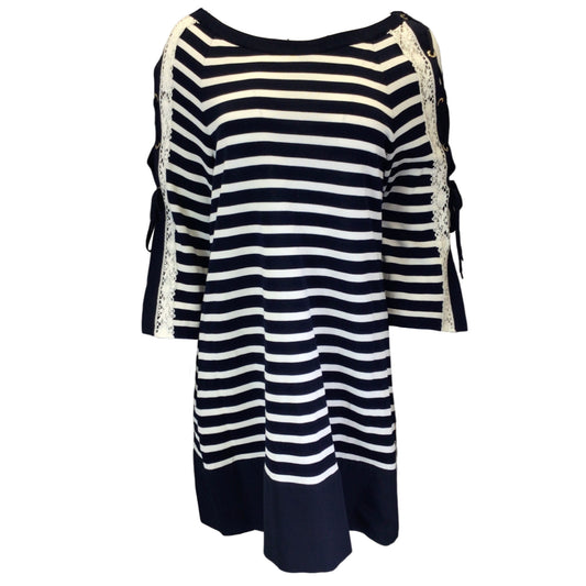 Alberta Ferretti Navy Blue / White Striped Lace Trimmed Knit Dress