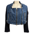 Load image into Gallery viewer, Chloe Vintage Blue Dual Zipper Front Denim Jacket with Navy Wool and Angora Knit Sleeves
