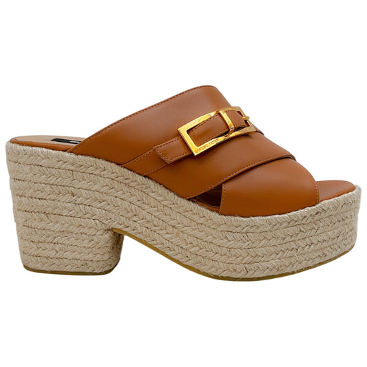 Sergio Rossi Tan Leather Criss Cross Wedge Espadrille Sandals