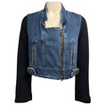 Load image into Gallery viewer, Chloe Vintage Blue Dual Zipper Front Denim Jacket with Navy Wool and Angora Knit Sleeves
