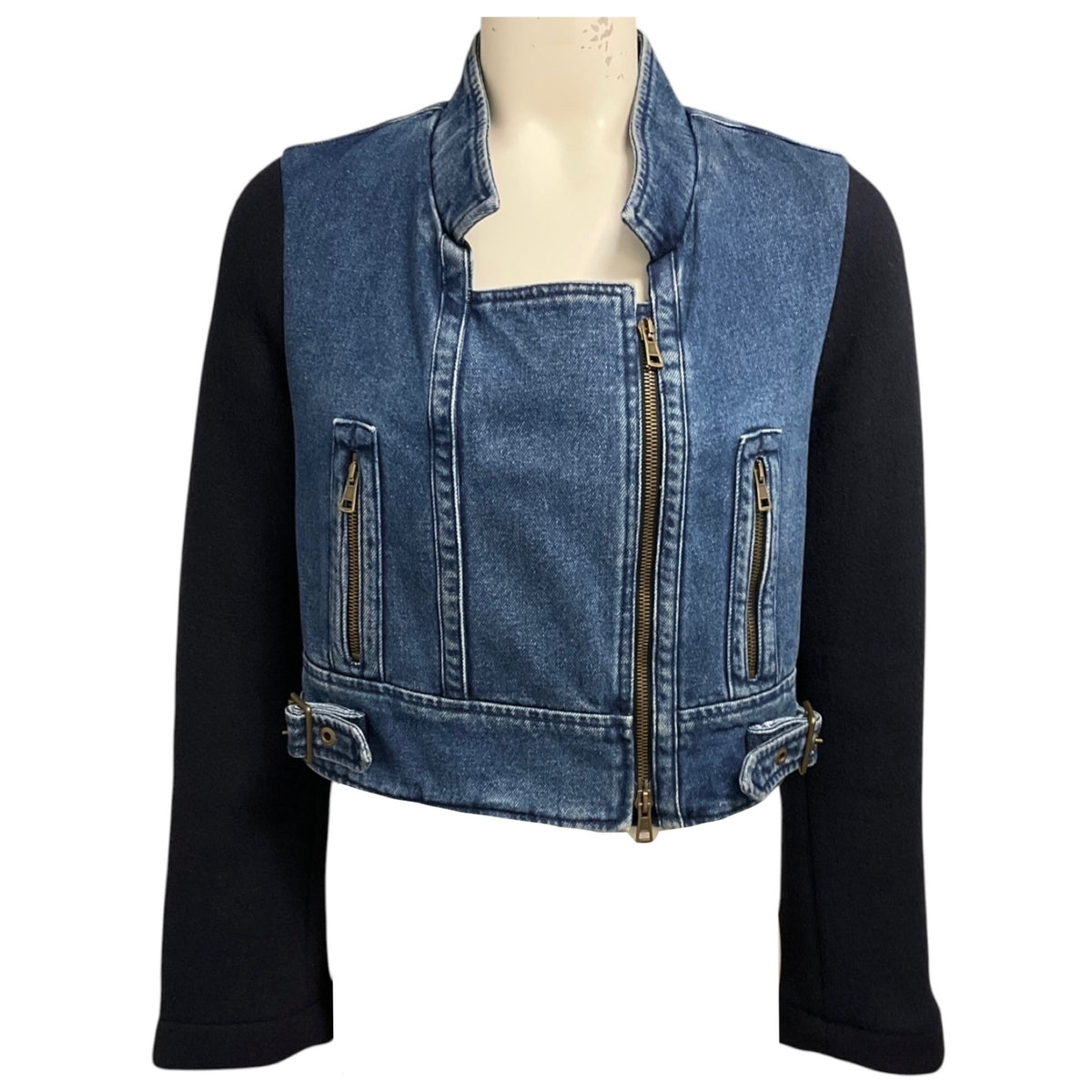 Chloe Vintage Blue Dual Zipper Front Denim Jacket with Navy Wool and Angora Knit Sleeves