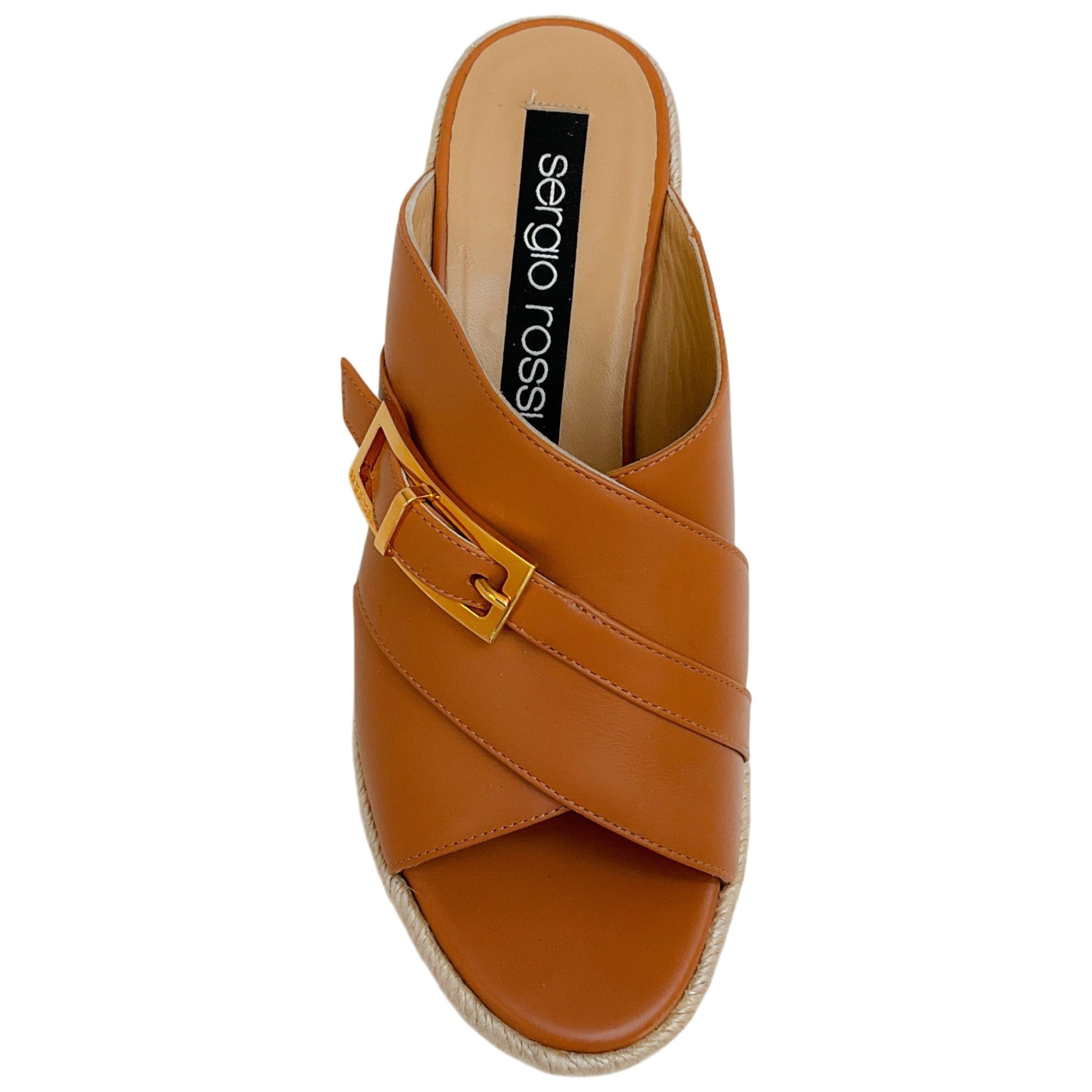 Sergio Rossi Tan Leather Criss Cross Wedge Espadrille Sandals