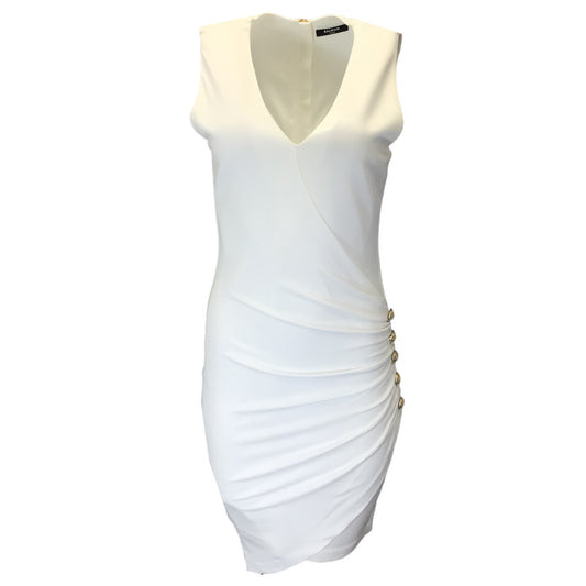 Balmain White / Gold Button Detail Sleeveless V-Neck Fitted Dress