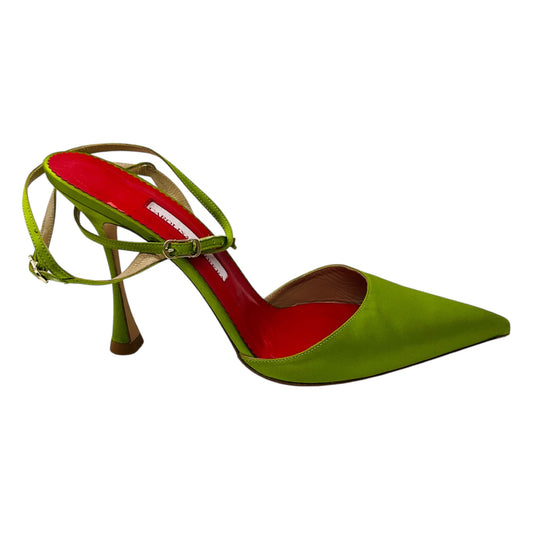 Carolina Herrera Lime Green Pointed Toe Satin Slingback Pumps