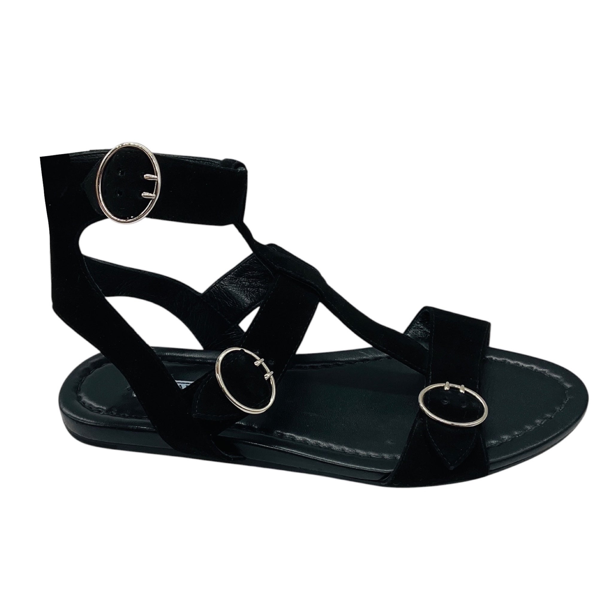 Prada Black / Silver Buckle Strap Suede Leather Flat Sandals