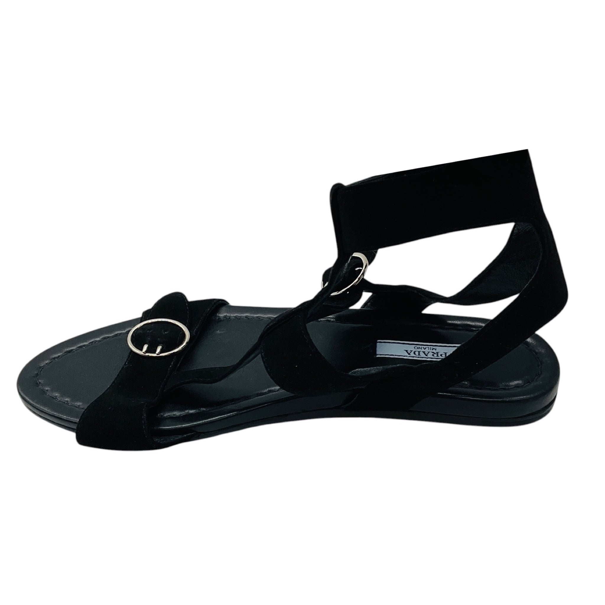 Prada Black / Silver Buckle Strap Suede Leather Flat Sandals