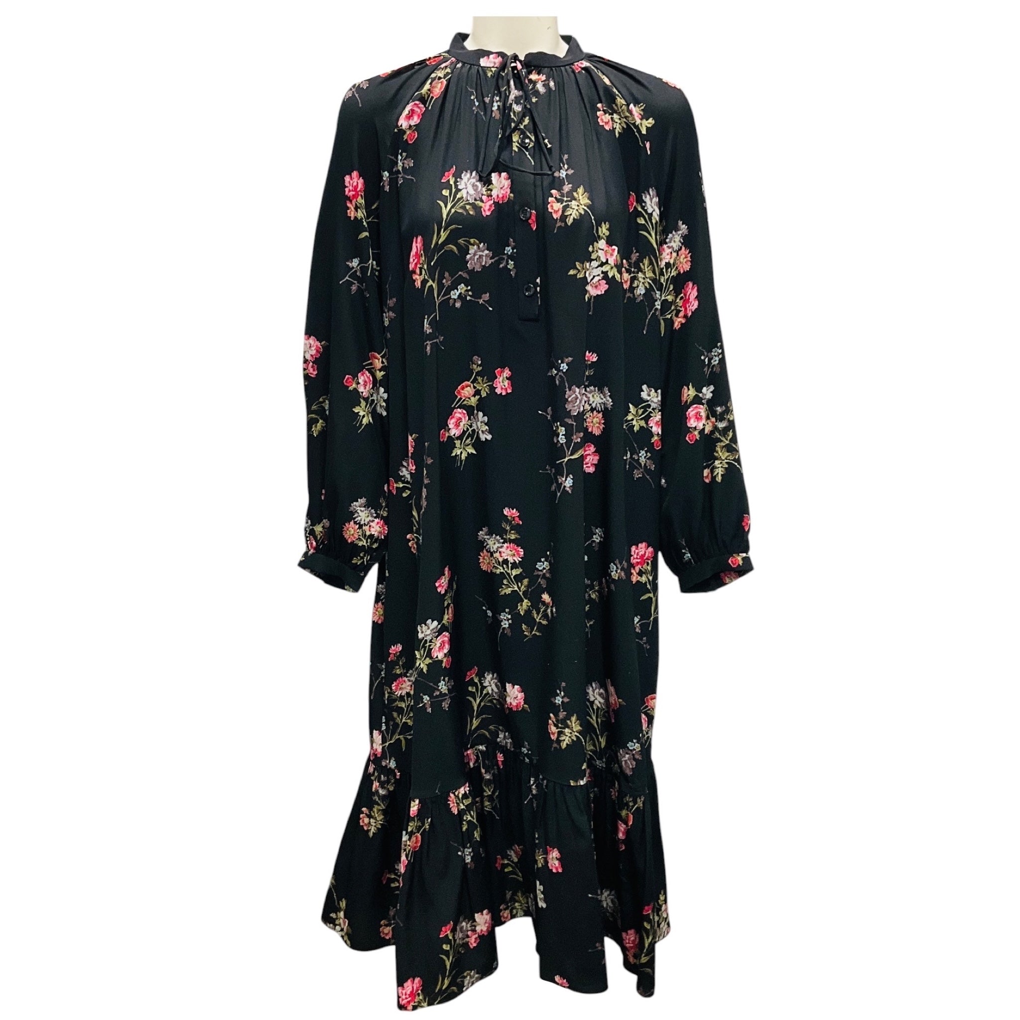 Celine Black Multi Floral Crepe de Chine Folk Dress