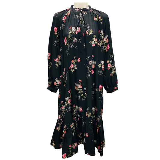 Celine Black Multi Floral Crepe de Chine Folk Dress