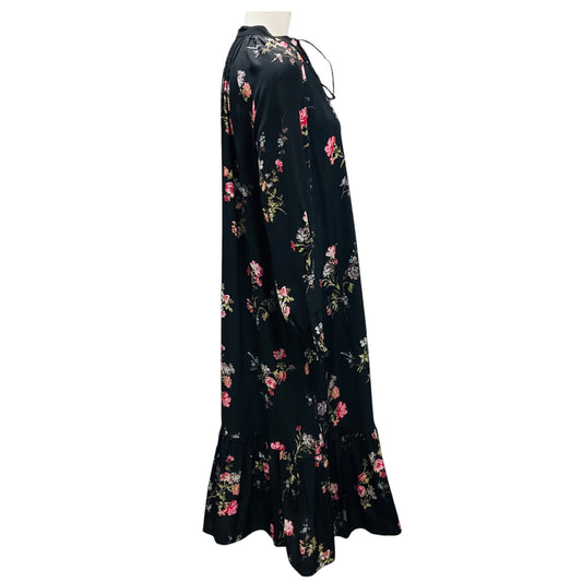 Celine Black Multi Floral Crepe de Chine Folk Dress
